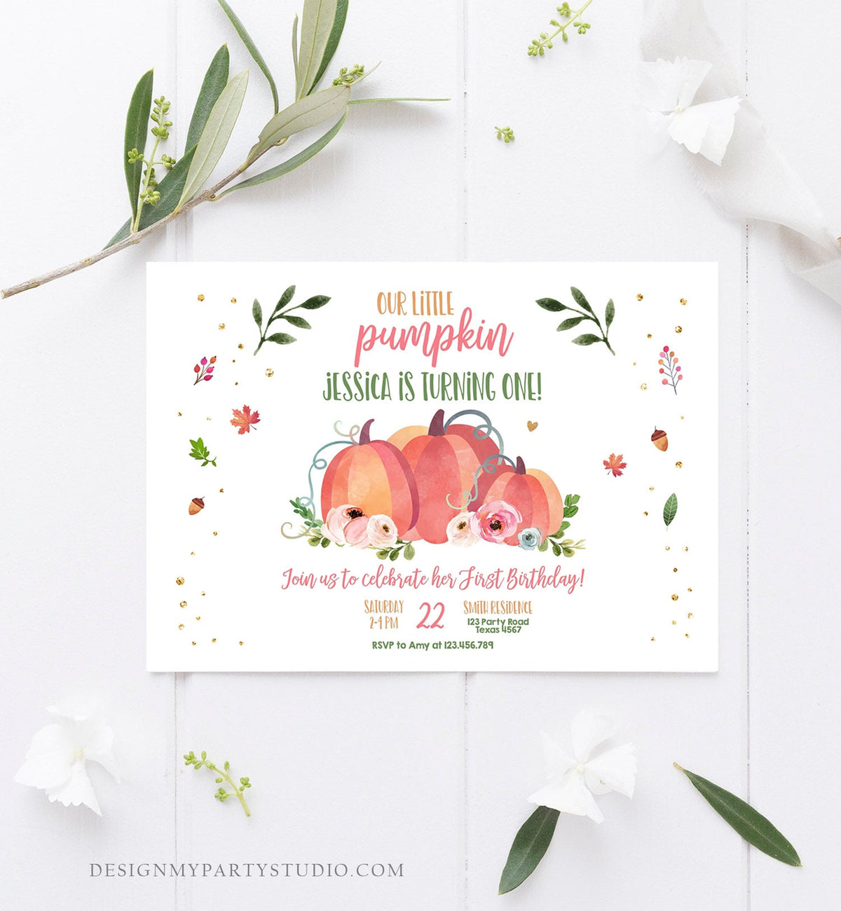 Editable Little Pumpkin Birthday Invitation First Birthday Girl Pink Pumpkin Patch Autumn Fall Party Rustic Printable Corjl Template 0151
