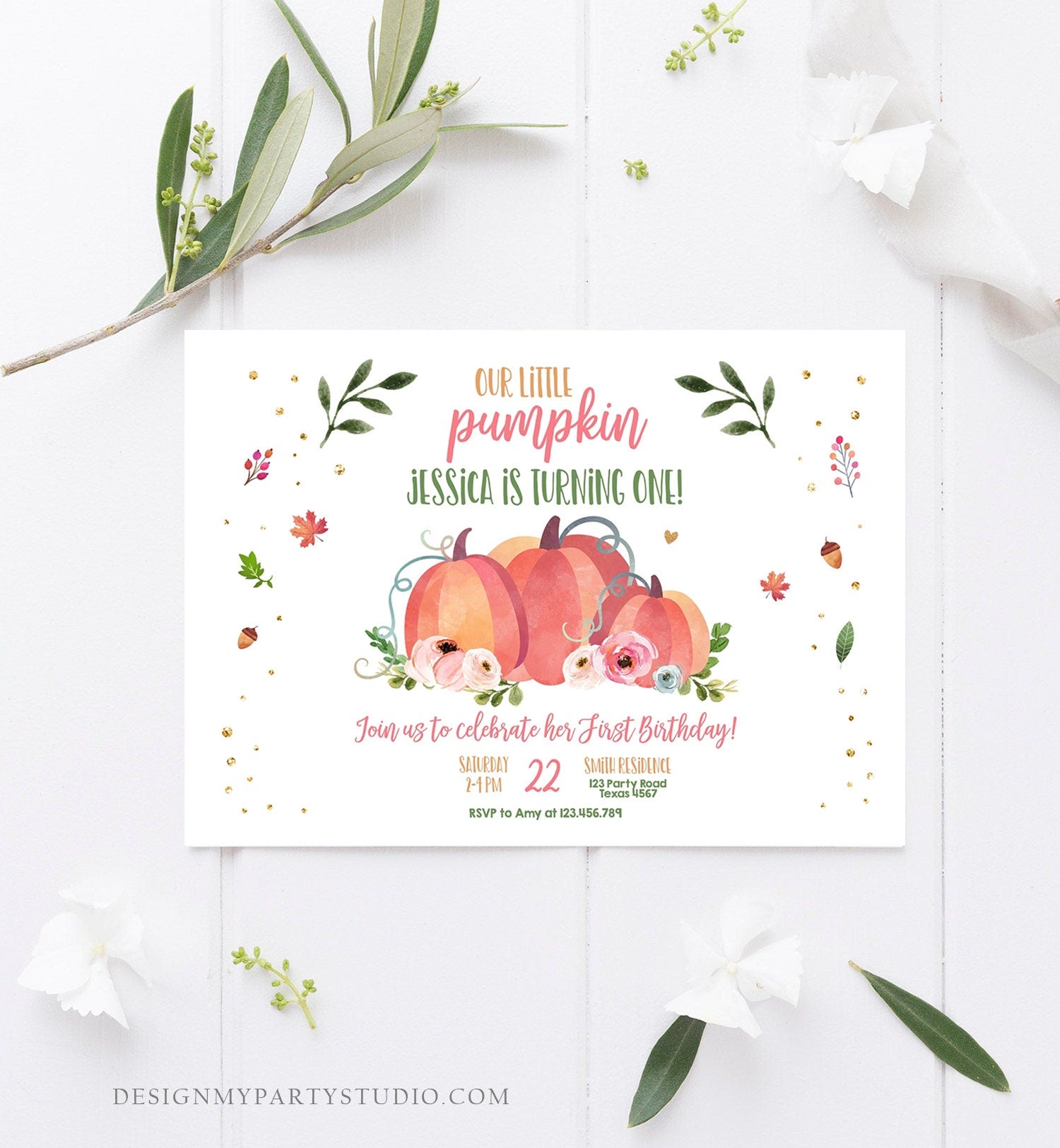 Editable Little Pumpkin Birthday Invitation First Birthday Girl Pink Pumpkin Patch Autumn Fall Party Rustic Printable Corjl Template 0151