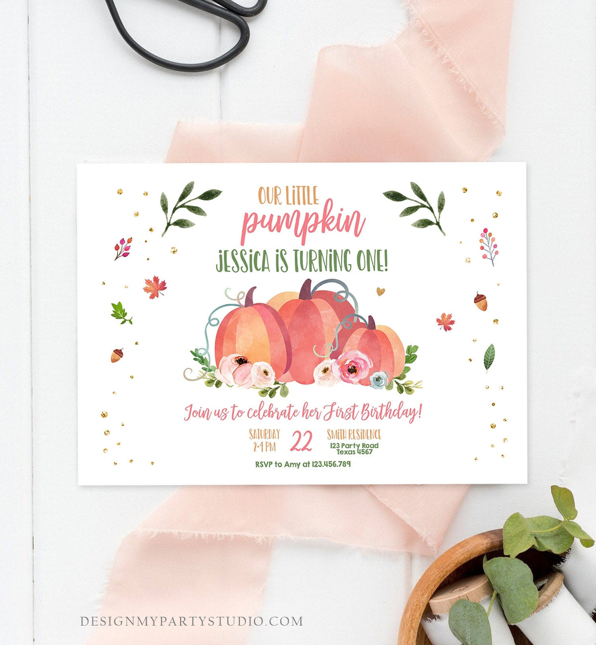 Editable Little Pumpkin Birthday Invitation First Birthday Girl Pink Pumpkin Patch Autumn Fall Party Rustic Printable Corjl Template 0151