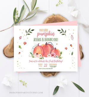 Editable Little Pumpkin Birthday Invitation First Birthday Girl Pink Pumpkin Patch Autumn Fall Party Rustic Printable Corjl Template 0151
