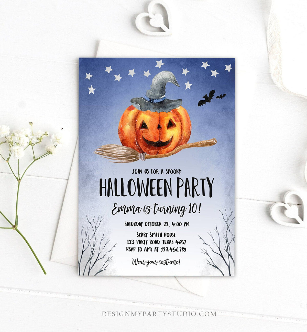 Editable Halloween Birthday Invitation Pumpkin Witch Hat Broom Costume Party Girl Blue Trick or Treat Download Corjl Template Printable 0187