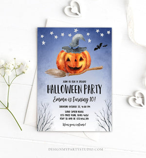 Editable Halloween Birthday Invitation Pumpkin Witch Hat Broom Costume Party Girl Blue Trick or Treat Download Corjl Template Printable 0187
