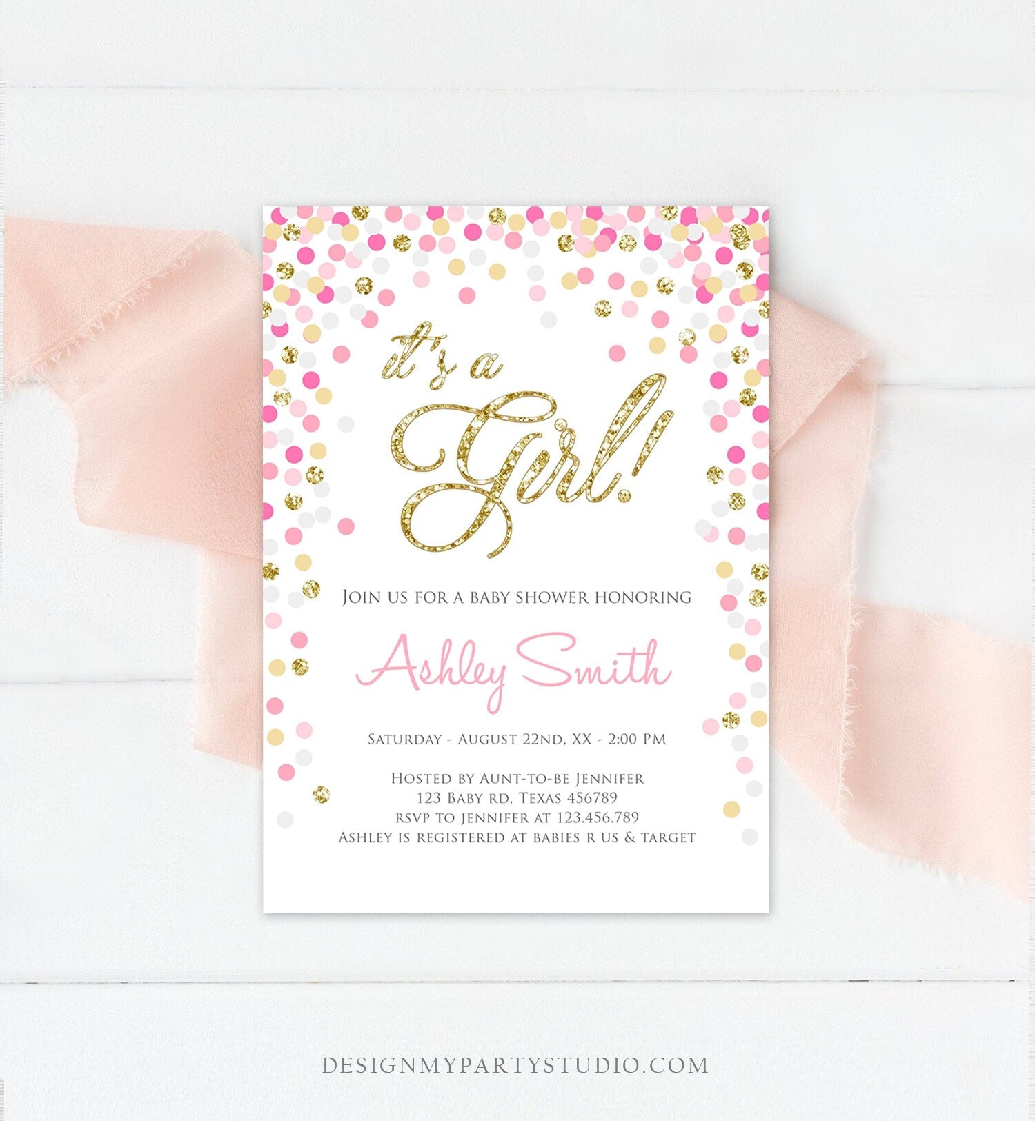 Editable Confetti Baby Shower Invitation Confetti It's a Girl Pink Gold Glitter Baby Sprinkle Download Corjl Template Printable 0133