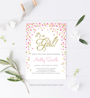 Editable Confetti Baby Shower Invitation Confetti It's a Girl Pink Gold Glitter Baby Sprinkle Download Corjl Template Printable 0133