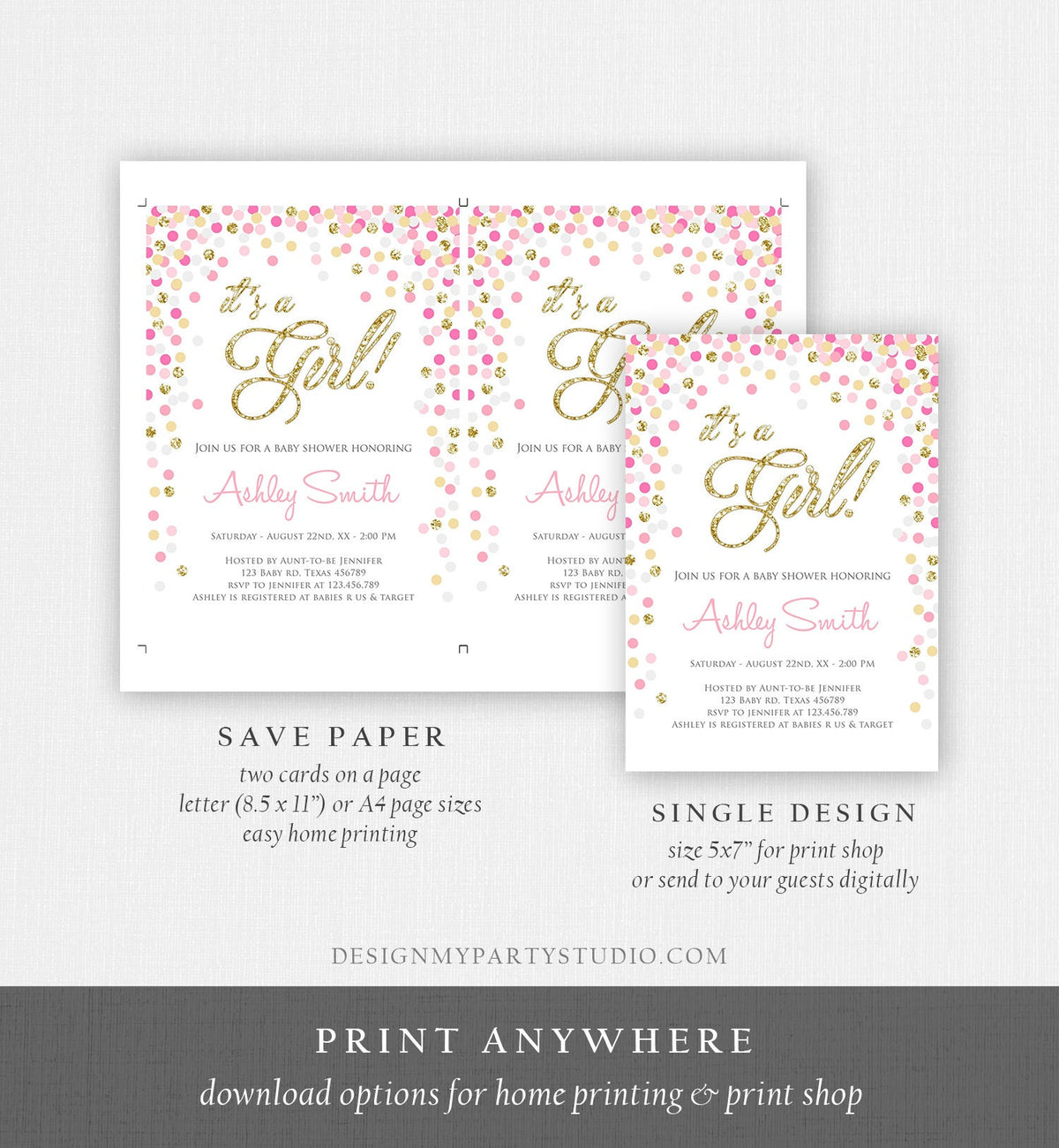 Editable Confetti Baby Shower Invitation Confetti It&#39;s a Girl Pink Gold Glitter Baby Sprinkle Download Corjl Template Printable 0133