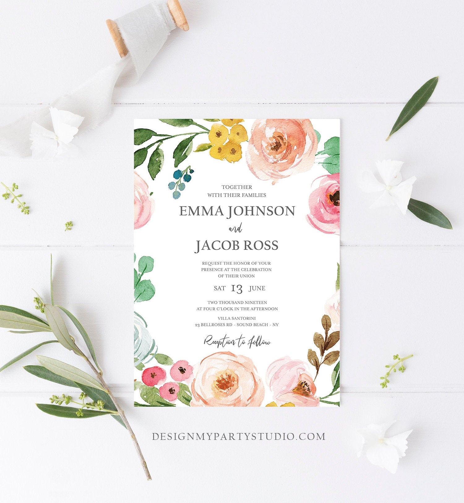 Editable Floral Wedding Invitation Bohemian Pink Floral Greenery Botanical Flowers Boho Vintage Download Corjl Template Printable 0166
