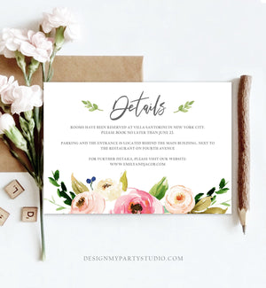 Editable Floral Details Card Wedding Bridal Shower Greenery Boho Information Card Enclosure Card Insert Card Corjl Template Printable 0166