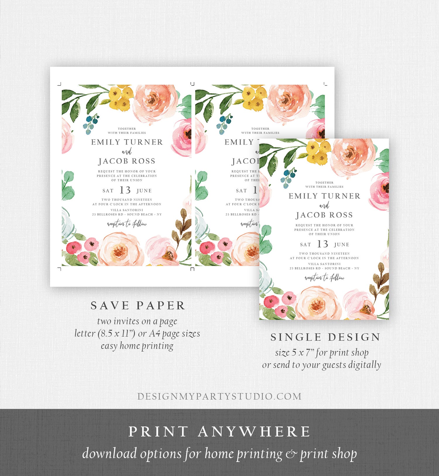 Editable Floral Wedding Invitation Suite Set Bohemian Flowers Botanical Watercolor Pink Floral Wreath Download Corjl Template Printable 0166