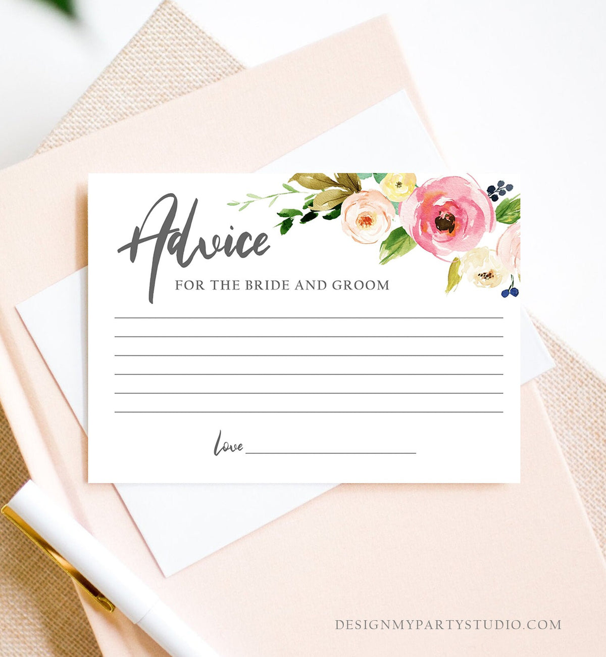 Editable Advice for the Bride-to-Be Card Bridal Shower Words of Wisdom Advice for Bride Bohemian Floral Flowers Pink Corjl Template 0044