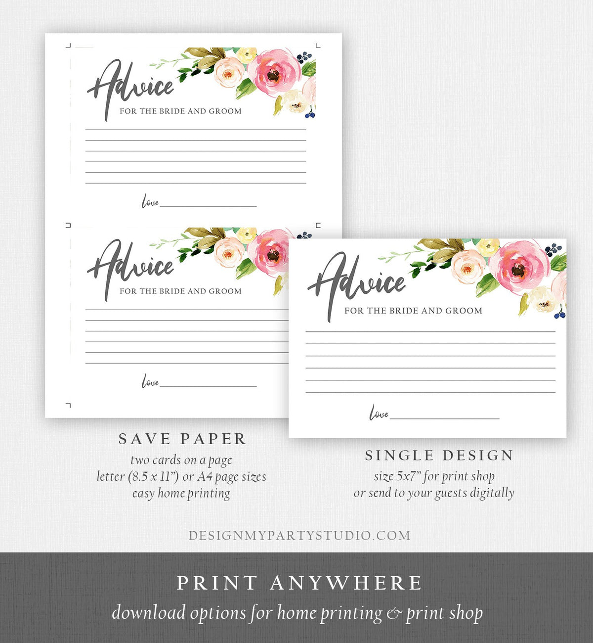 Editable Advice for the Bride-to-Be Card Bridal Shower Words of Wisdom Advice for Bride Bohemian Floral Flowers Pink Corjl Template 0044