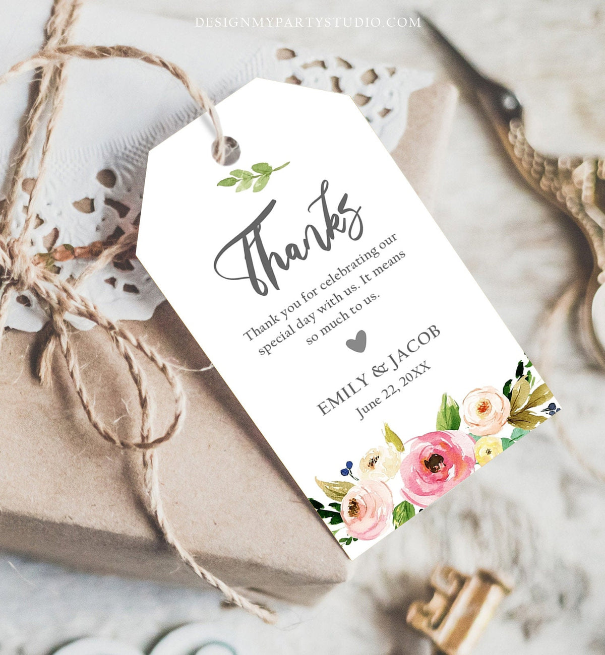 Editable Floral Thank You Tags Wedding Favor Tags Pink Flowers Bridal Shower Foliage Greenery Boho Bohemian Corjl Template Printable 0166