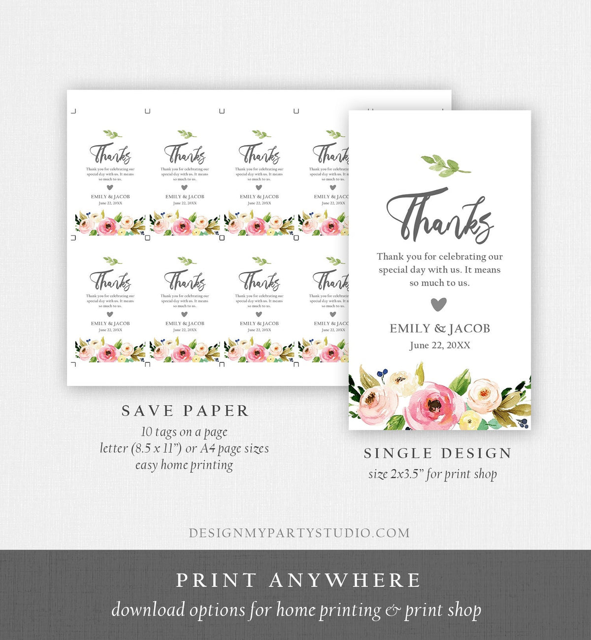 Editable Floral Thank You Tags Wedding Favor Tags Pink Flowers Bridal Shower Foliage Greenery Boho Bohemian Corjl Template Printable 0166