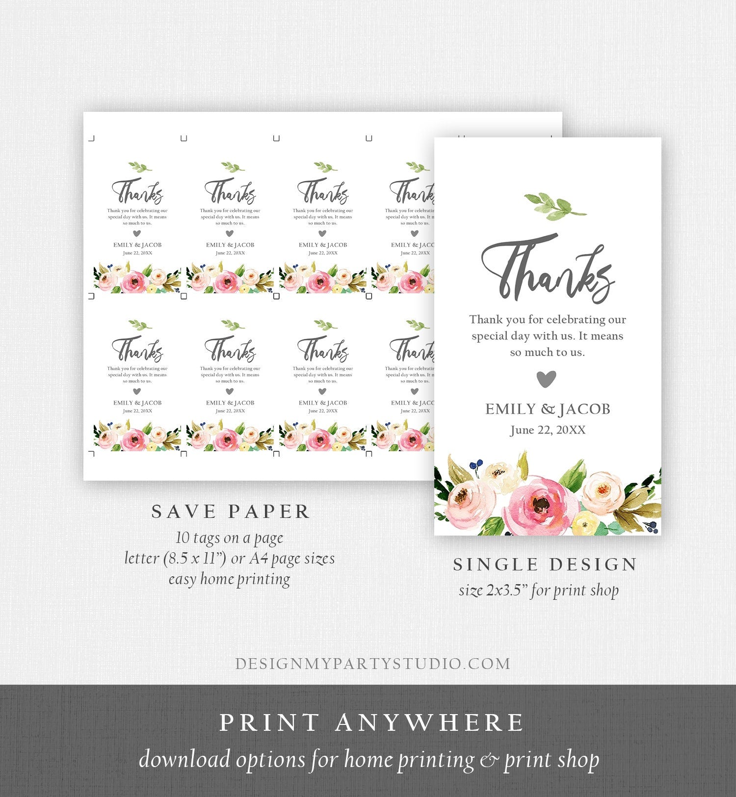 Editable Floral Thank You Tags Wedding Favor Tags Pink Flowers Bridal Shower Foliage Greenery Boho Bohemian Corjl Template Printable 0166