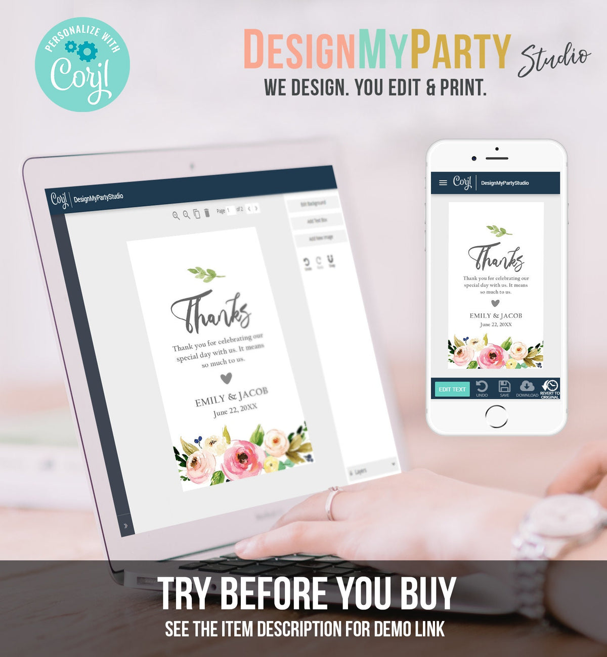 Editable Floral Thank You Tags Wedding Favor Tags Pink Flowers Bridal Shower Foliage Greenery Boho Bohemian Corjl Template Printable 0166