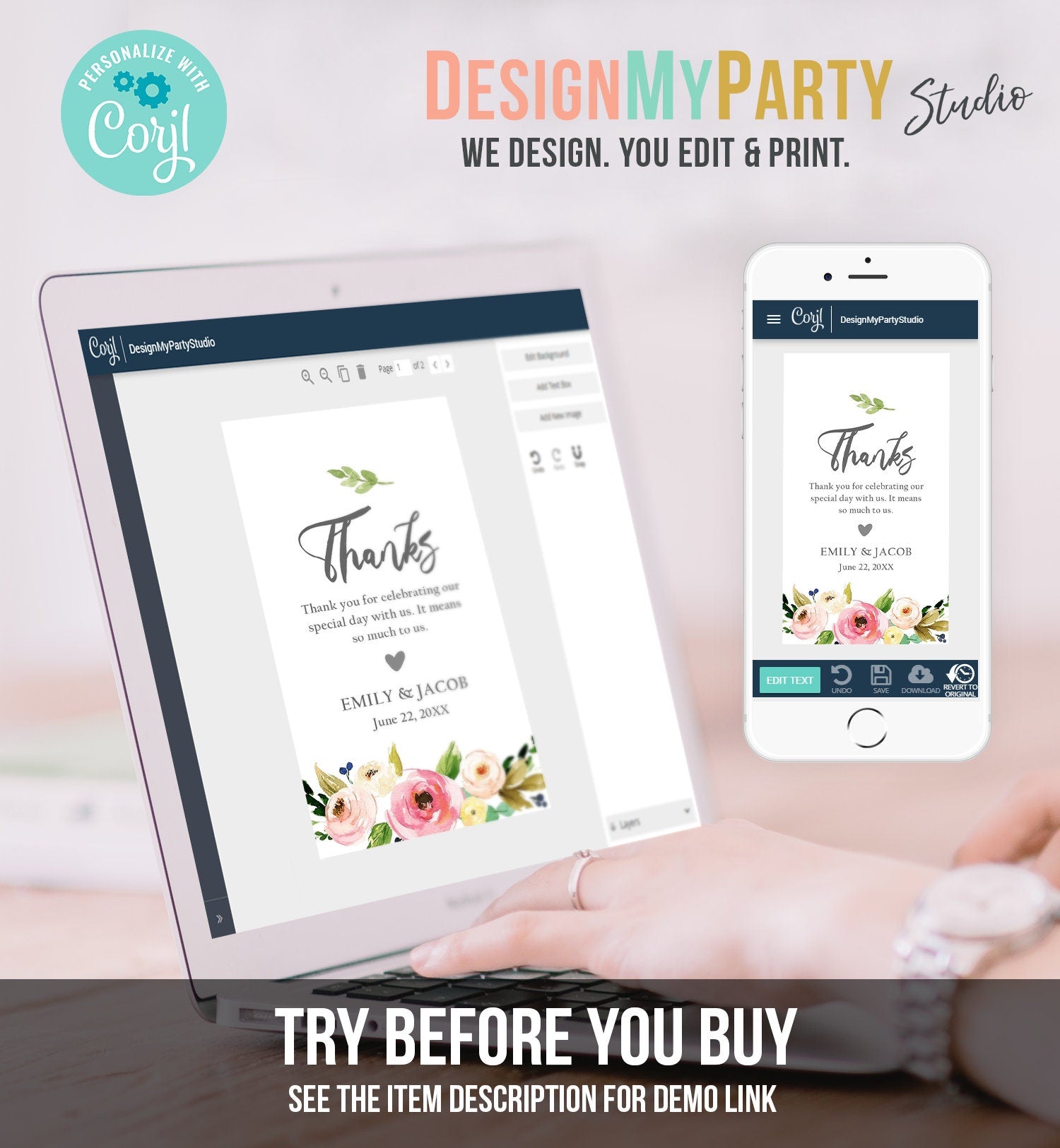 Editable Floral Thank You Tags Wedding Favor Tags Pink Flowers Bridal Shower Foliage Greenery Boho Bohemian Corjl Template Printable 0166