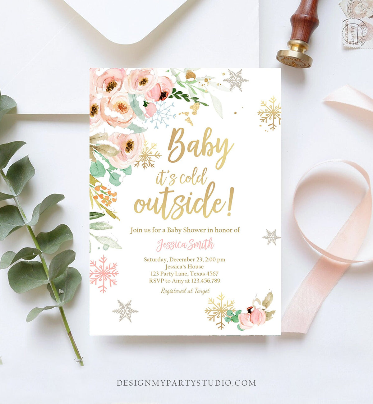 Editable Baby It&#39;s Cold Outside Baby Shower Invitation Pink Floral Gold Girl Winter Snow Flowers Download Corjl Template Printable 0184