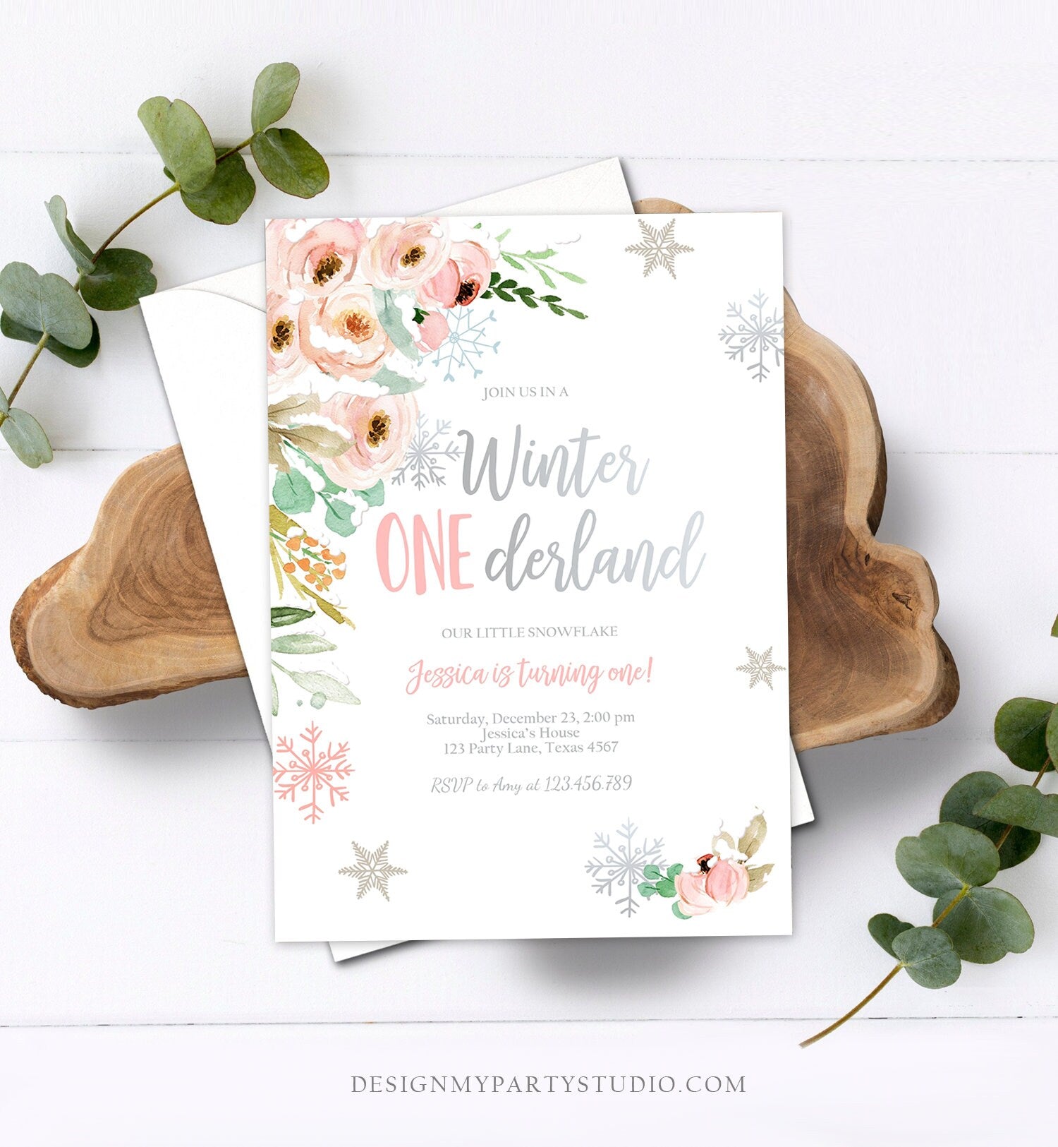Editable Winter ONEderland Birthday Invitation ANY AGE First Birthday Snowflake Girl Pink Silver Winter Wonderland Corjl Template 0184