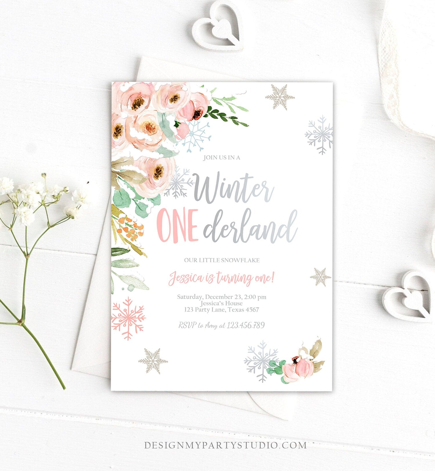 Editable Winter ONEderland Birthday Invitation ANY AGE First Birthday Snowflake Girl Pink Silver Winter Wonderland Corjl Template 0184
