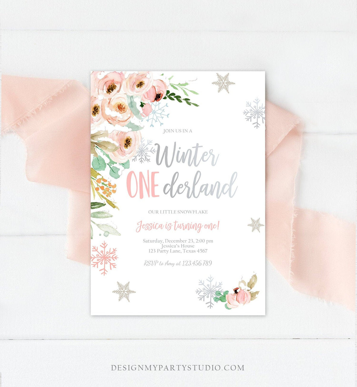 Editable Winter ONEderland Birthday Invitation ANY AGE First Birthday Snowflake Girl Pink Silver Winter Wonderland Corjl Template 0184