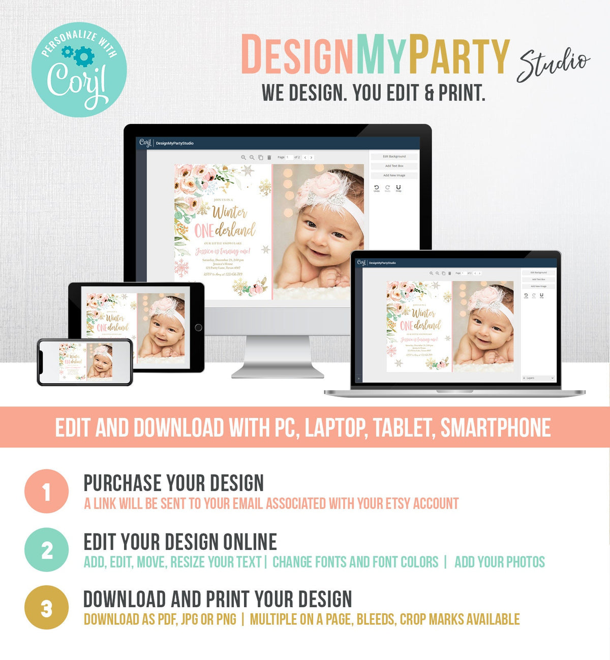 Editable Winter ONEderland Birthday Invitation ANY AGE Floral First Birthday Snowflake Girl Pink Gold Winter Wonderland Corjl Template 0184