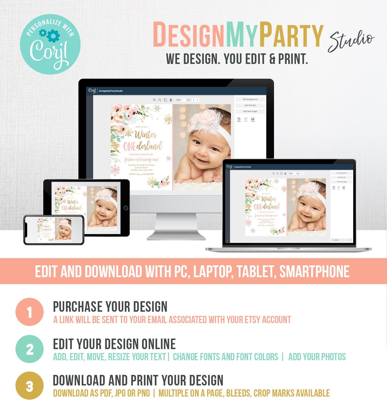 Editable Winter ONEderland Birthday Invitation ANY AGE Floral First Birthday Snowflake Girl Pink Gold Winter Wonderland Corjl Template 0184