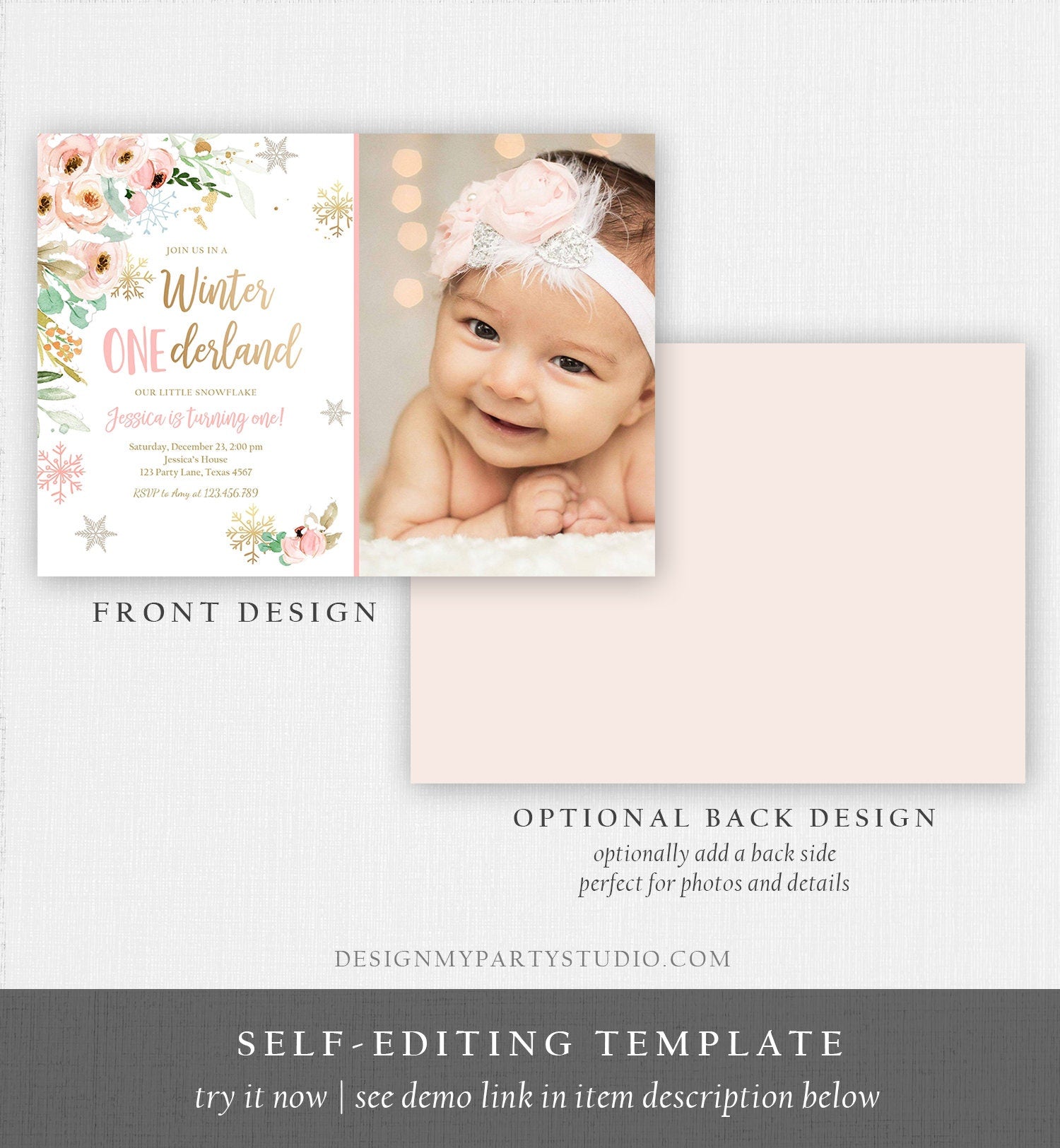 Editable Winter ONEderland Birthday Invitation ANY AGE Floral First Birthday Snowflake Girl Pink Gold Winter Wonderland Corjl Template 0184