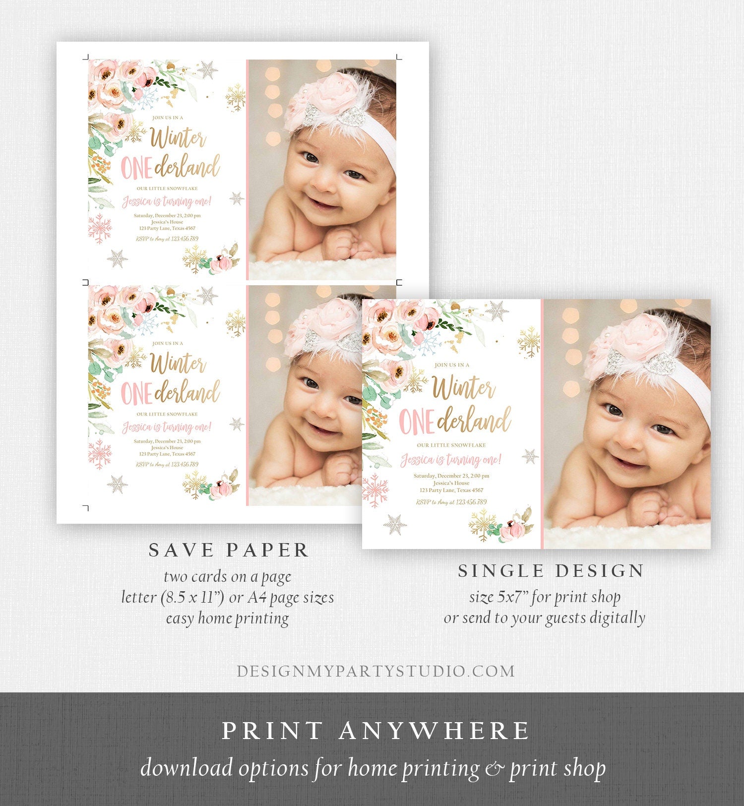 Editable Winter ONEderland Birthday Invitation ANY AGE Floral First Birthday Snowflake Girl Pink Gold Winter Wonderland Corjl Template 0184