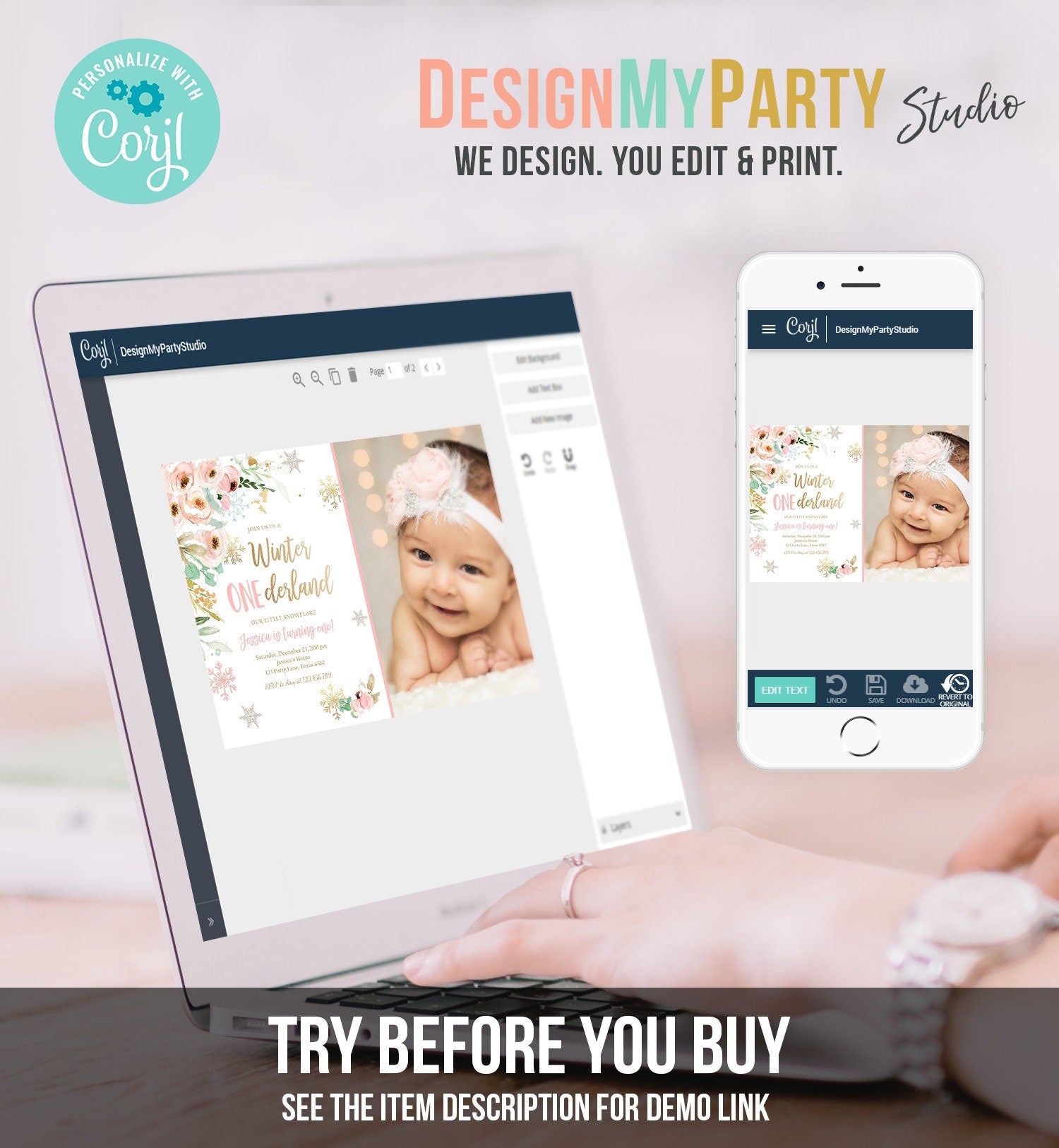 Editable Winter ONEderland Birthday Invitation ANY AGE Floral First Birthday Snowflake Girl Pink Gold Winter Wonderland Corjl Template 0184