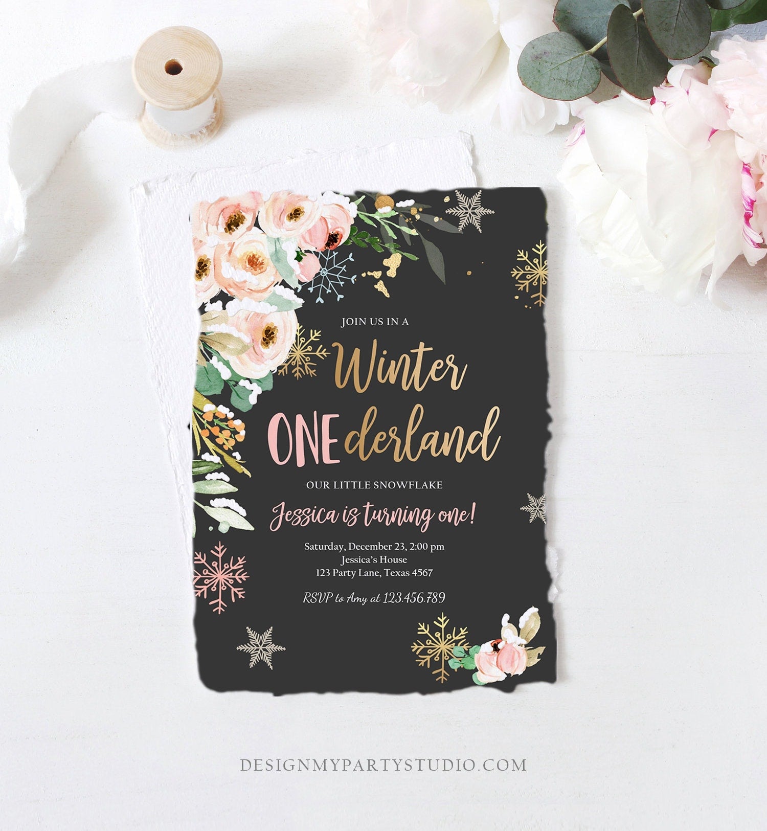 Editable Winter ONEderland Birthday Invitation ANY AGE Floral First Birthday Snowflake Girl Pink Gold Winter Wonderland Corjl Template 0184