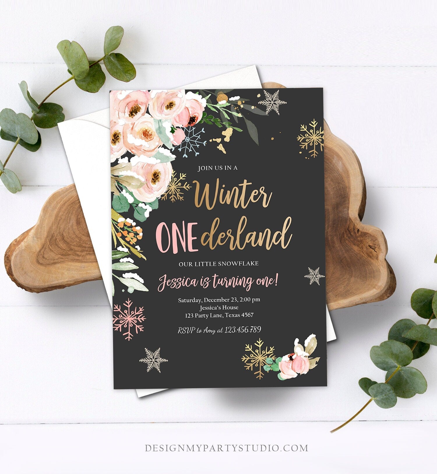 Editable Winter ONEderland Birthday Invitation ANY AGE Floral First Birthday Snowflake Girl Pink Gold Winter Wonderland Corjl Template 0184