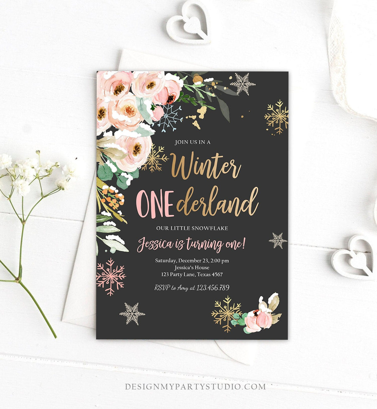 Editable Winter ONEderland Birthday Invitation ANY AGE Floral First Birthday Snowflake Girl Pink Gold Winter Wonderland Corjl Template 0184