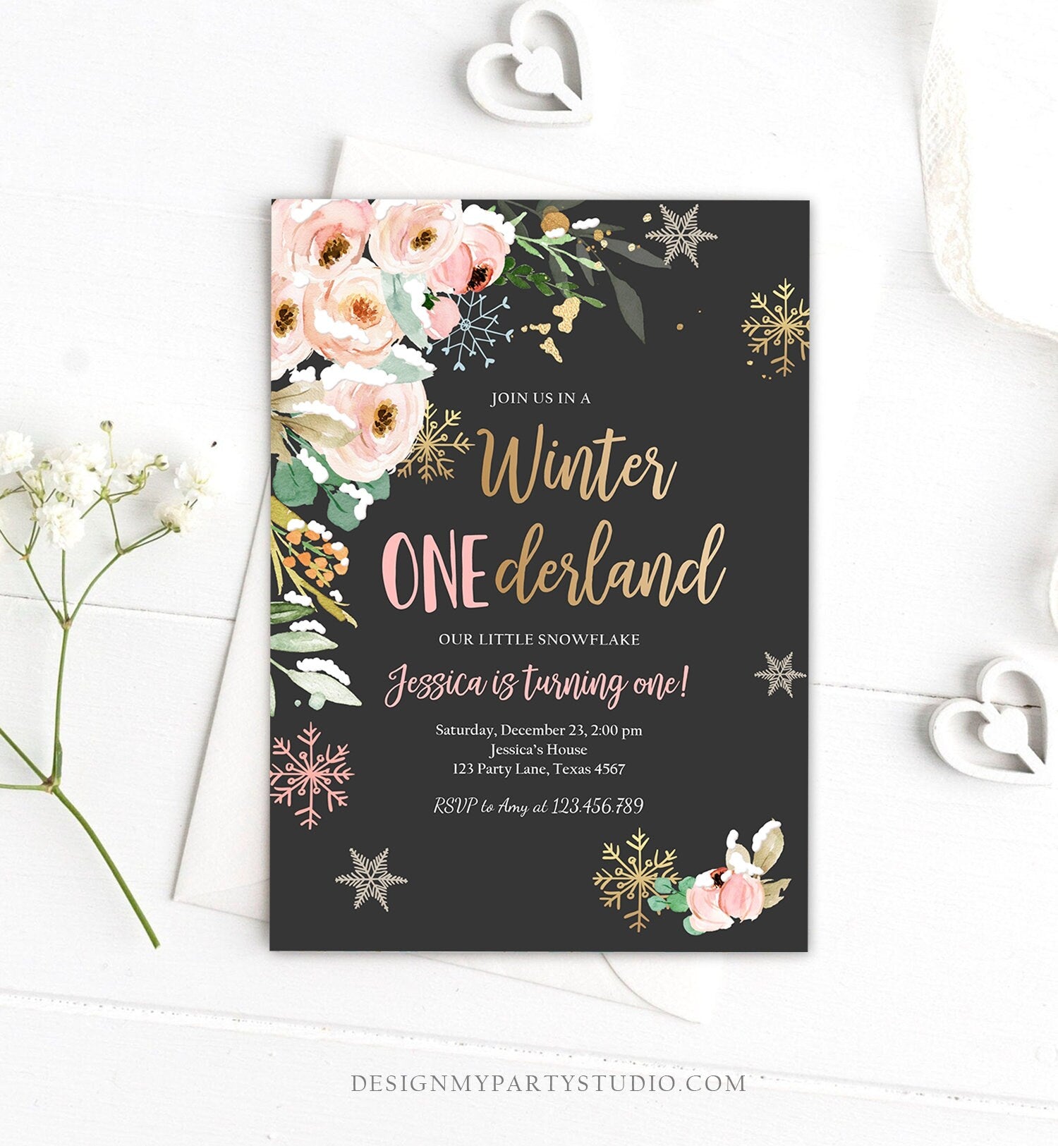 Editable Winter ONEderland Birthday Invitation ANY AGE Floral First Birthday Snowflake Girl Pink Gold Winter Wonderland Corjl Template 0184