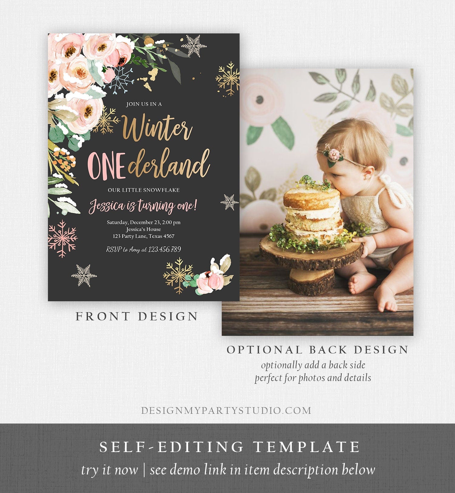 Editable Winter ONEderland Birthday Invitation ANY AGE Floral First Birthday Snowflake Girl Pink Gold Winter Wonderland Corjl Template 0184