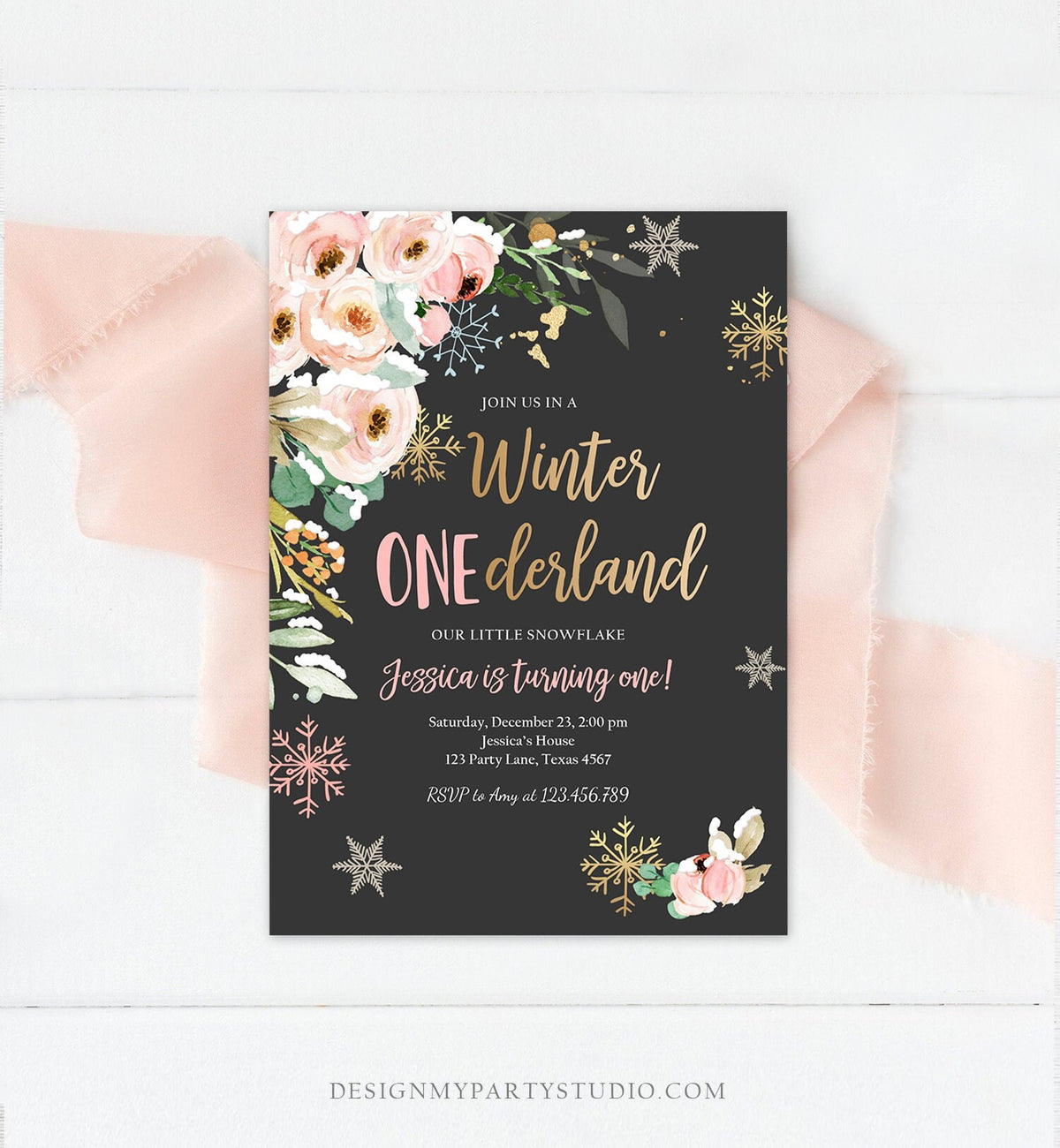 Editable Winter ONEderland Birthday Invitation ANY AGE Floral First Birthday Snowflake Girl Pink Gold Winter Wonderland Corjl Template 0184