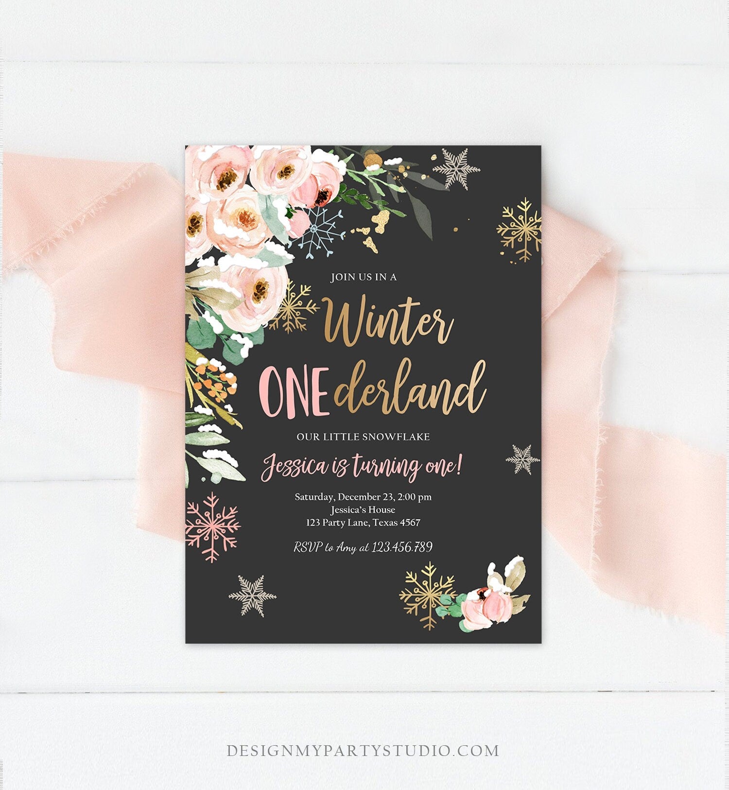 Editable Winter ONEderland Birthday Invitation ANY AGE Floral First Birthday Snowflake Girl Pink Gold Winter Wonderland Corjl Template 0184