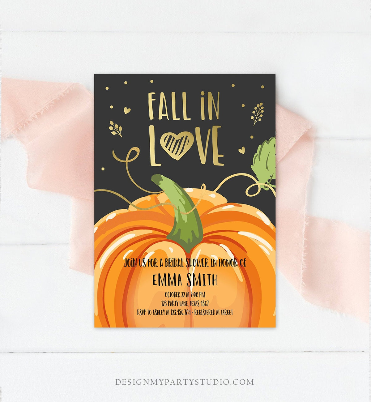 Editable Fall in Love Bridal Shower Invitation Autumn Gold Pumpkin Elegant Fall Baby Shower Instant Download Corjl Template Printable 0175
