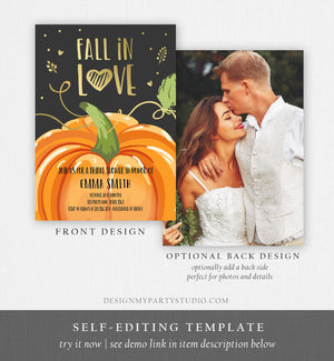 Editable Fall in Love Bridal Shower Invitation Autumn Gold Pumpkin Elegant Fall Baby Shower Instant Download Corjl Template Printable 0175