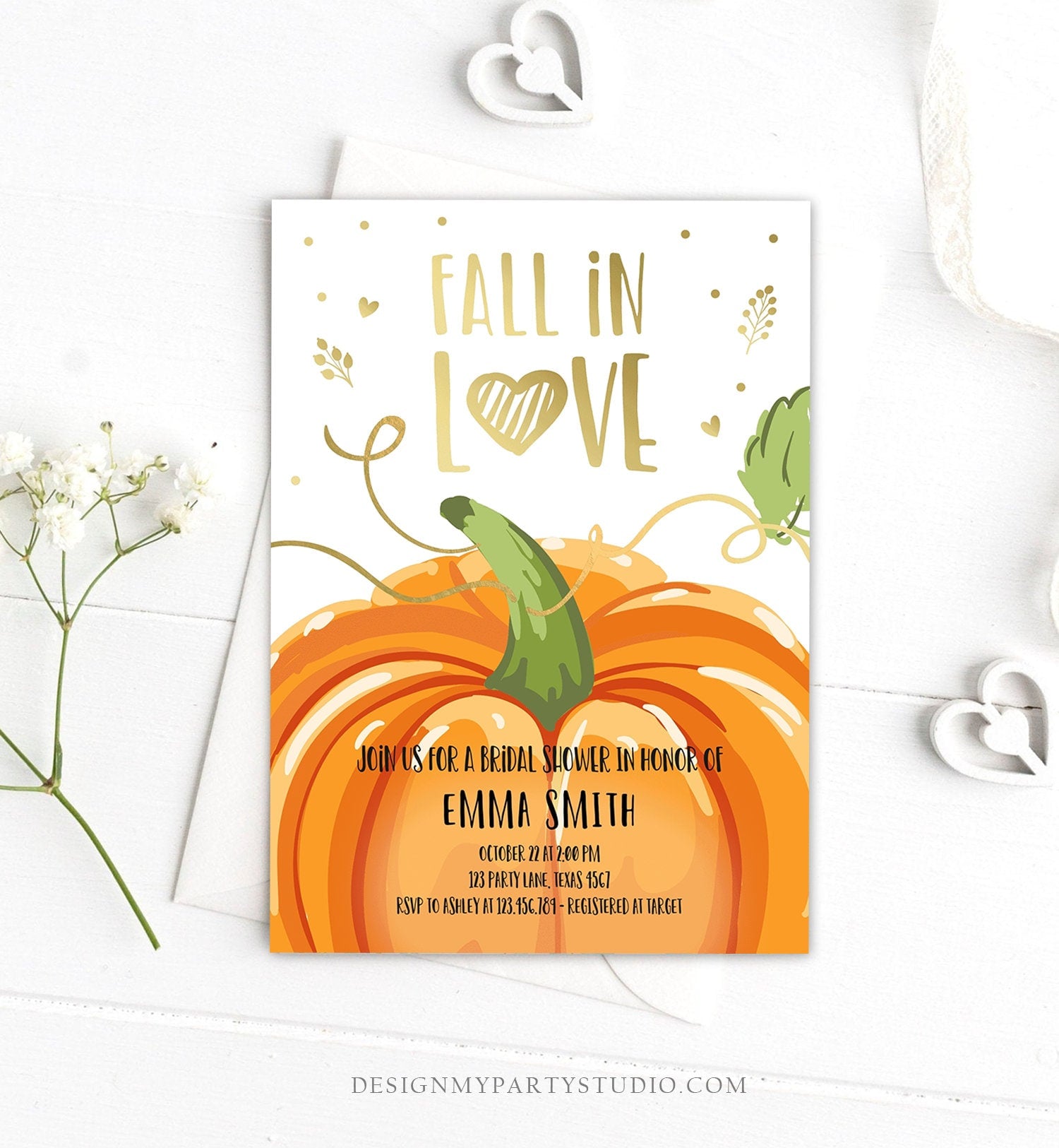 Editable Fall in Love Bridal Shower Invitation Autumn Gold Pumpkin Elegant Fall Baby Shower Instant Download Corjl Template Printable 0175