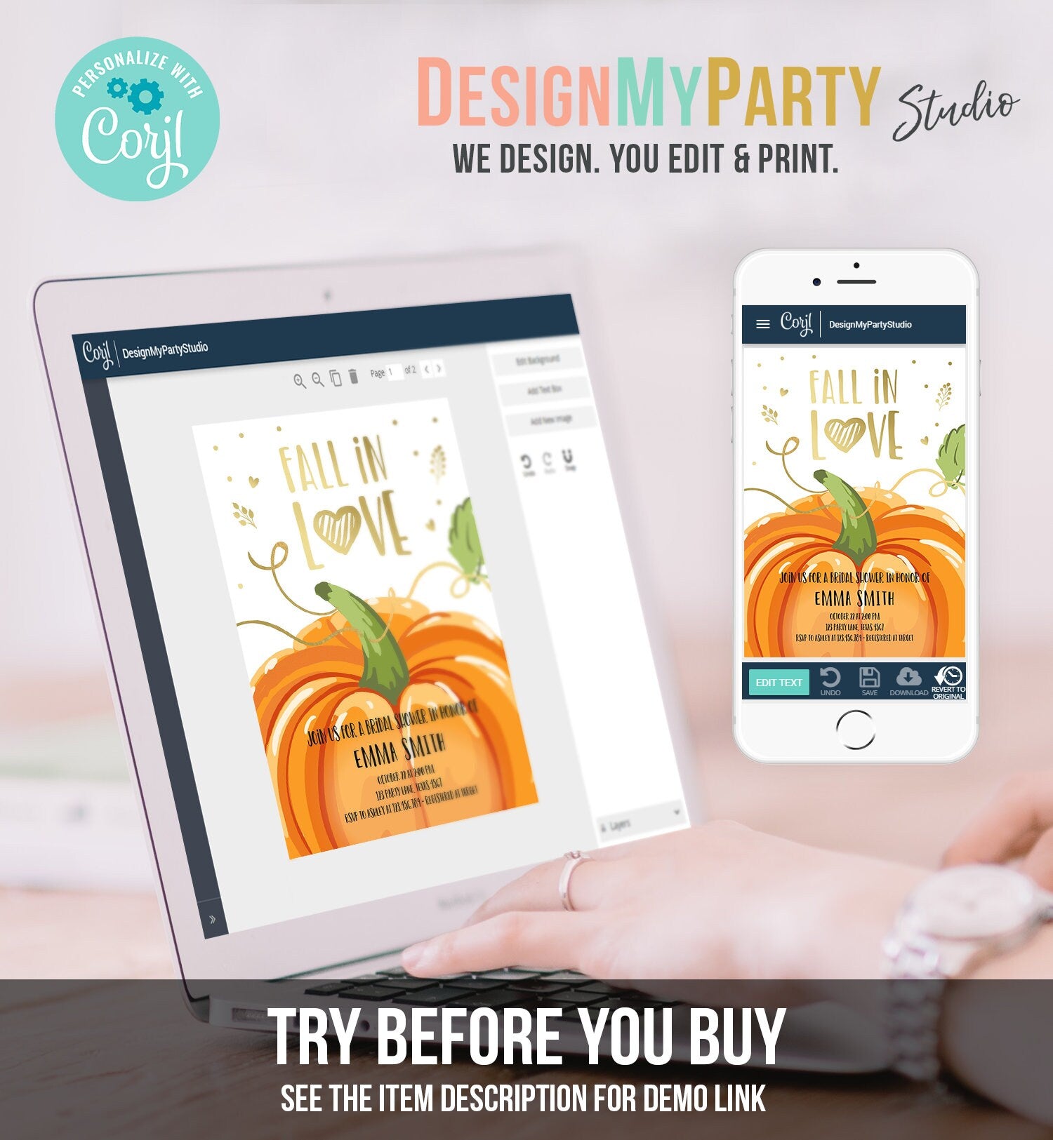 Editable Fall in Love Bridal Shower Invitation Autumn Gold Pumpkin Elegant Fall Baby Shower Instant Download Corjl Template Printable 0175