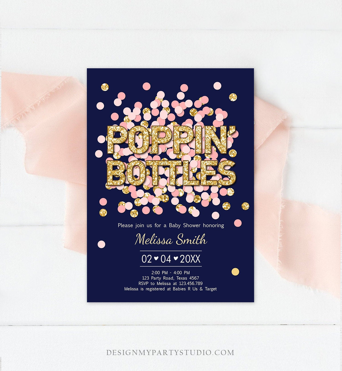 Editable Poppin&#39; Bottles Baby Shower Invitation Navy Blue Confetti Gold Couples Coed Shower Baby is Brewing Corjl Template Printable 0114