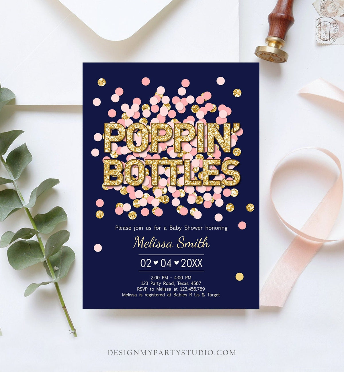 Editable Poppin&#39; Bottles Baby Shower Invitation Navy Blue Confetti Gold Couples Coed Shower Baby is Brewing Corjl Template Printable 0114