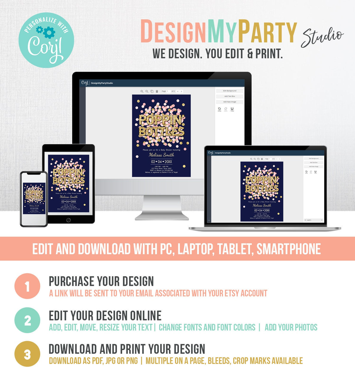 Editable Poppin&#39; Bottles Baby Shower Invitation Navy Blue Confetti Gold Couples Coed Shower Baby is Brewing Corjl Template Printable 0114