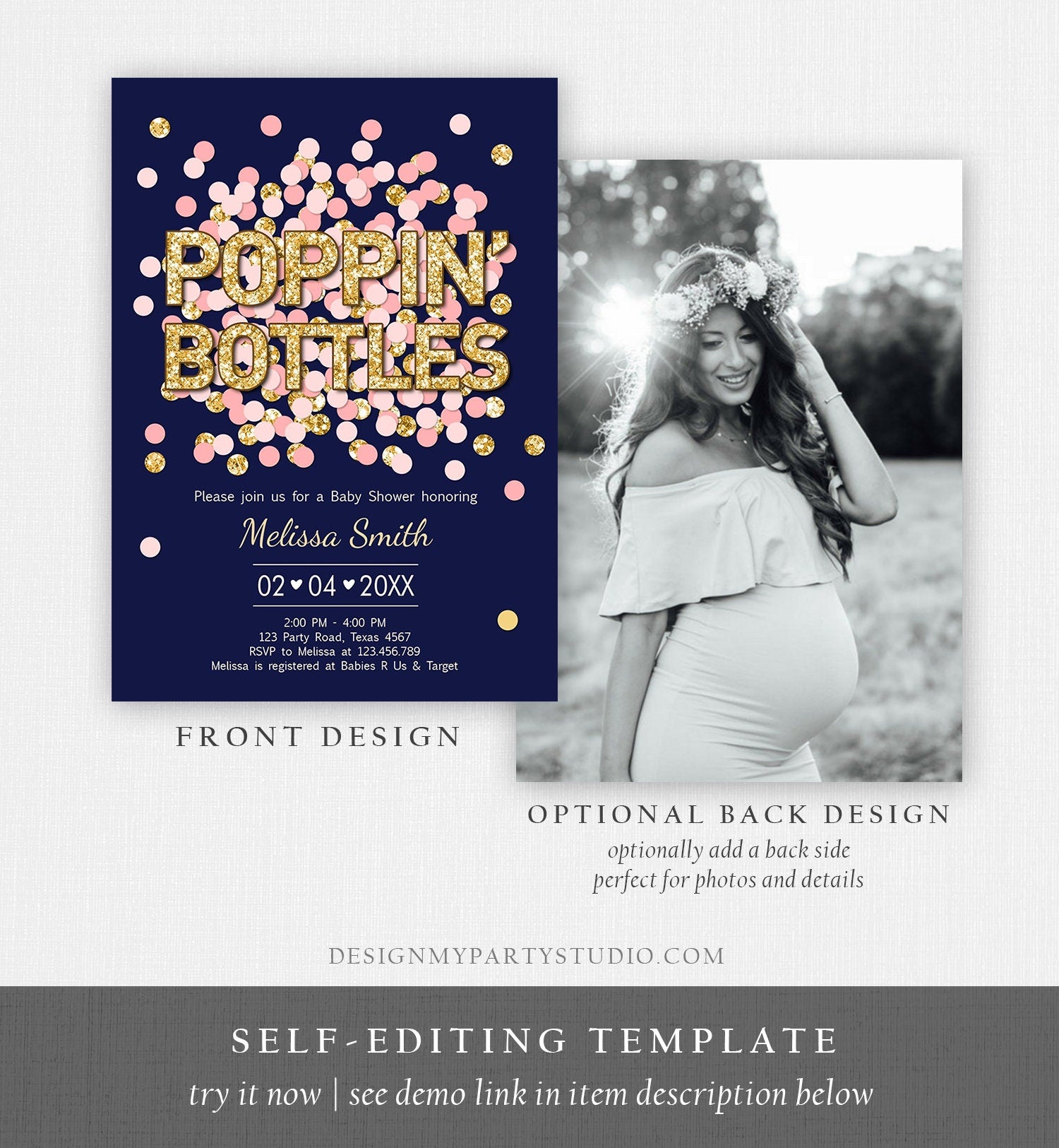 Editable Poppin' Bottles Baby Shower Invitation Navy Blue Confetti Gold Couples Coed Shower Baby is Brewing Corjl Template Printable 0114