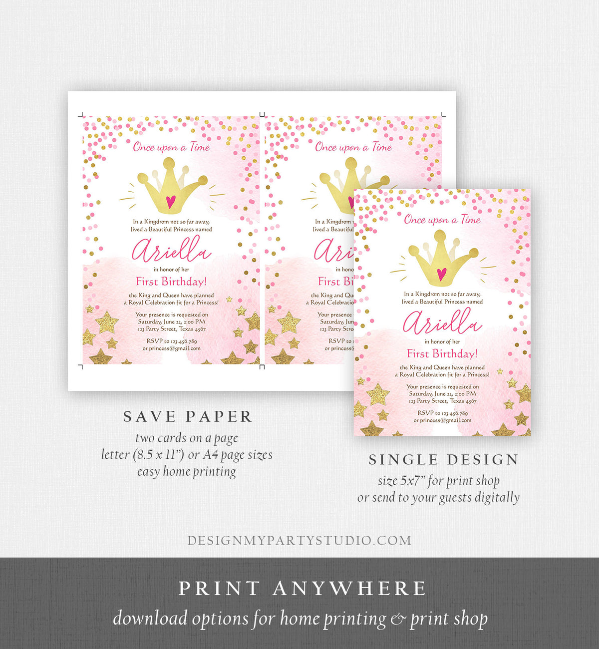 Editable Princesses Birthday Invitation Pink Gold Glitter Confetti Crown Princess First Birthday 1st Download Corjl Template Printable 0232