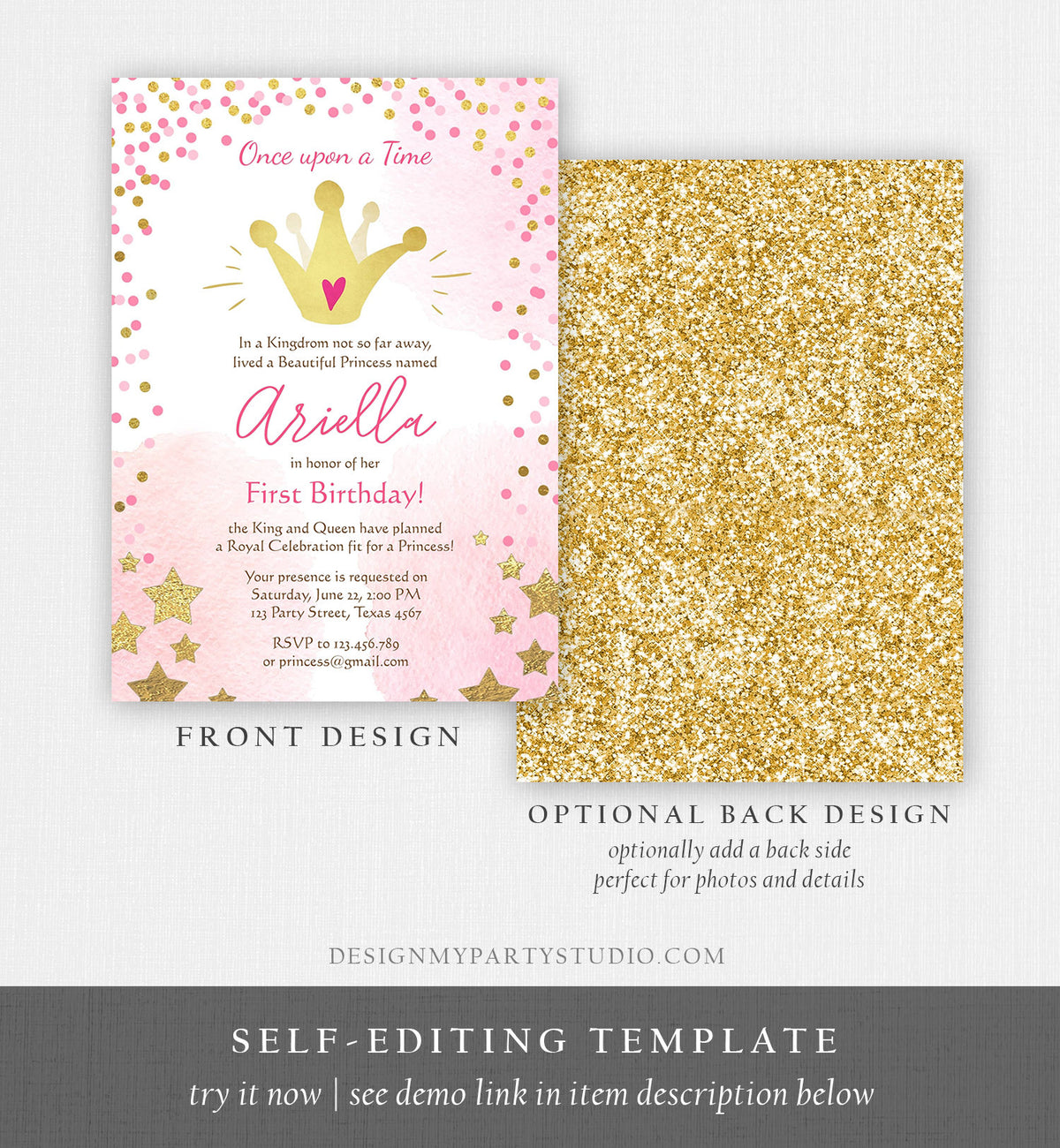 Editable Princesses Birthday Invitation Pink Gold Glitter Confetti Crown Princess First Birthday 1st Download Corjl Template Printable 0232