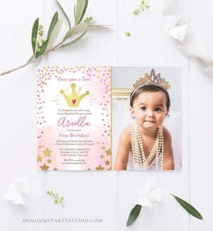 Editable Princesses Birthday Invitation Pink Gold Glitter Confetti Crown Princess First Birthday 1st Download Corjl Template Printable 0232