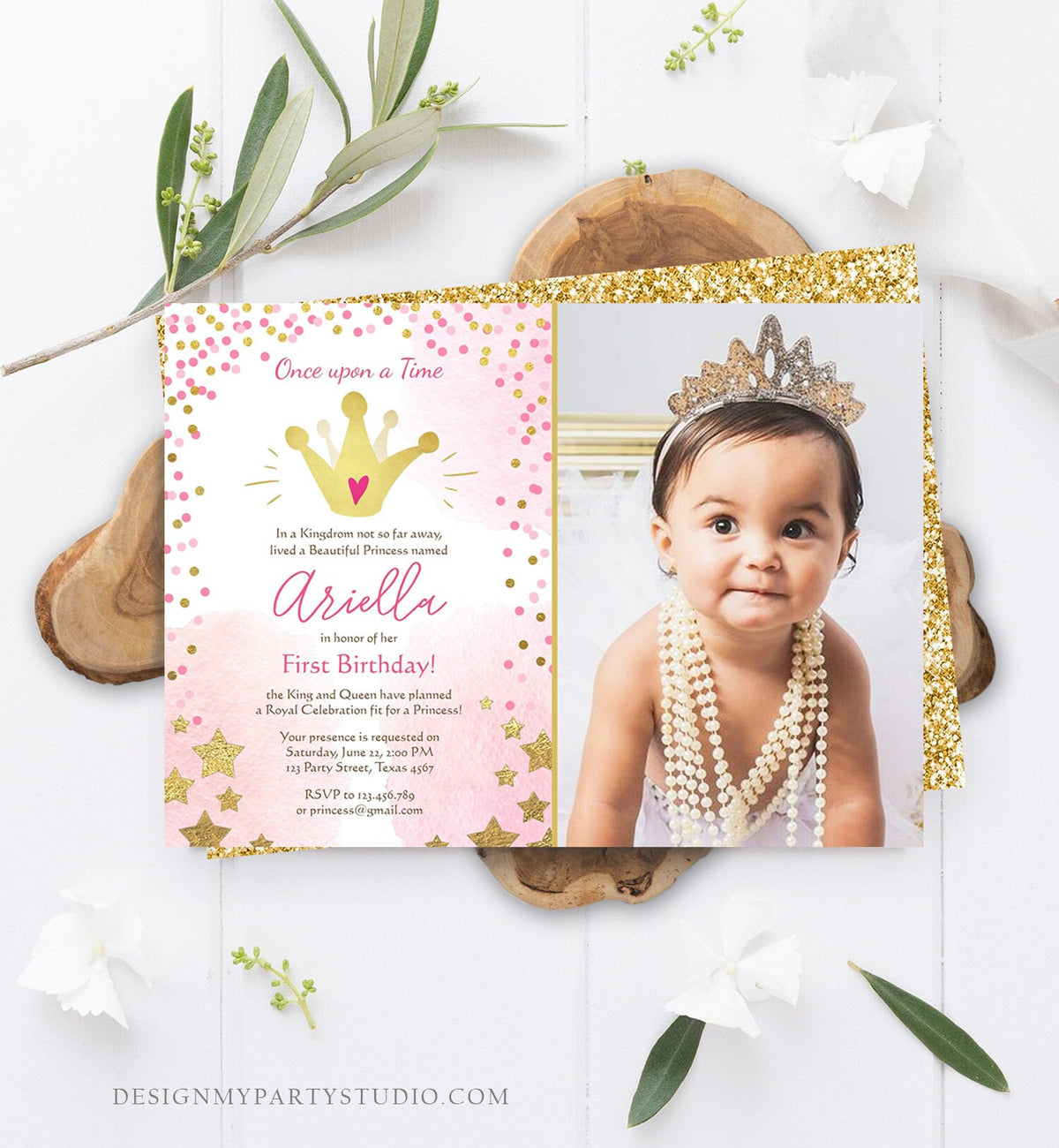 Editable Princesses Birthday Invitation Pink Gold Glitter Confetti Crown Princess First Birthday 1st Download Corjl Template Printable 0232