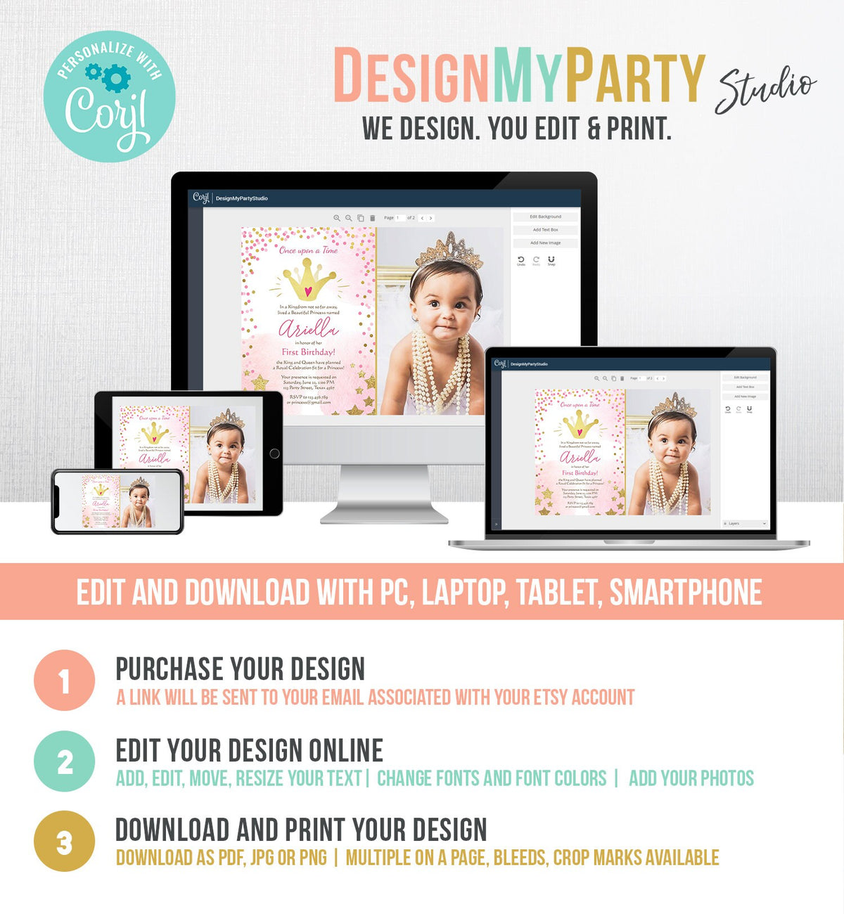 Editable Princesses Birthday Invitation Pink Gold Glitter Confetti Crown Princess First Birthday 1st Download Corjl Template Printable 0232