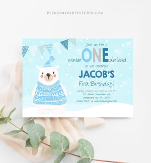 Editable Winter ONEderland Birthday Invitation 1st Birthday Boy Girl Polar Bear Blue Woodland Download Printable Invite Template Corjl 0022