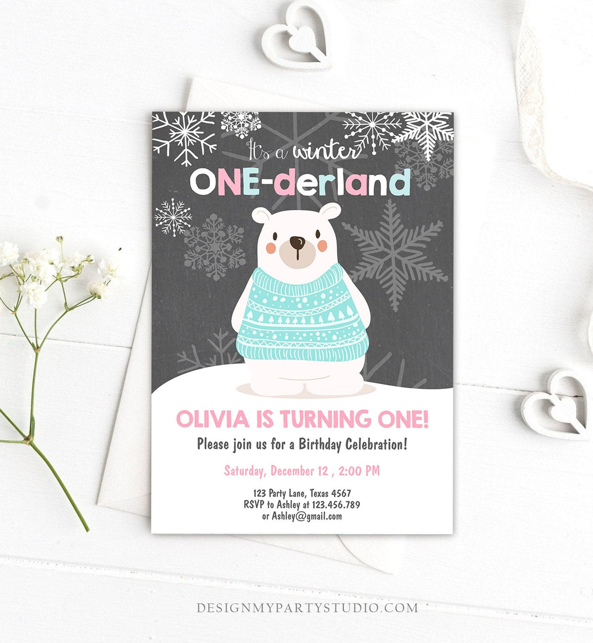 Editable Winter ONEderland Birthday Invitation 1st Birthday Girl Polar Bear Pink Download Printable Invitation Template Corjl 0022